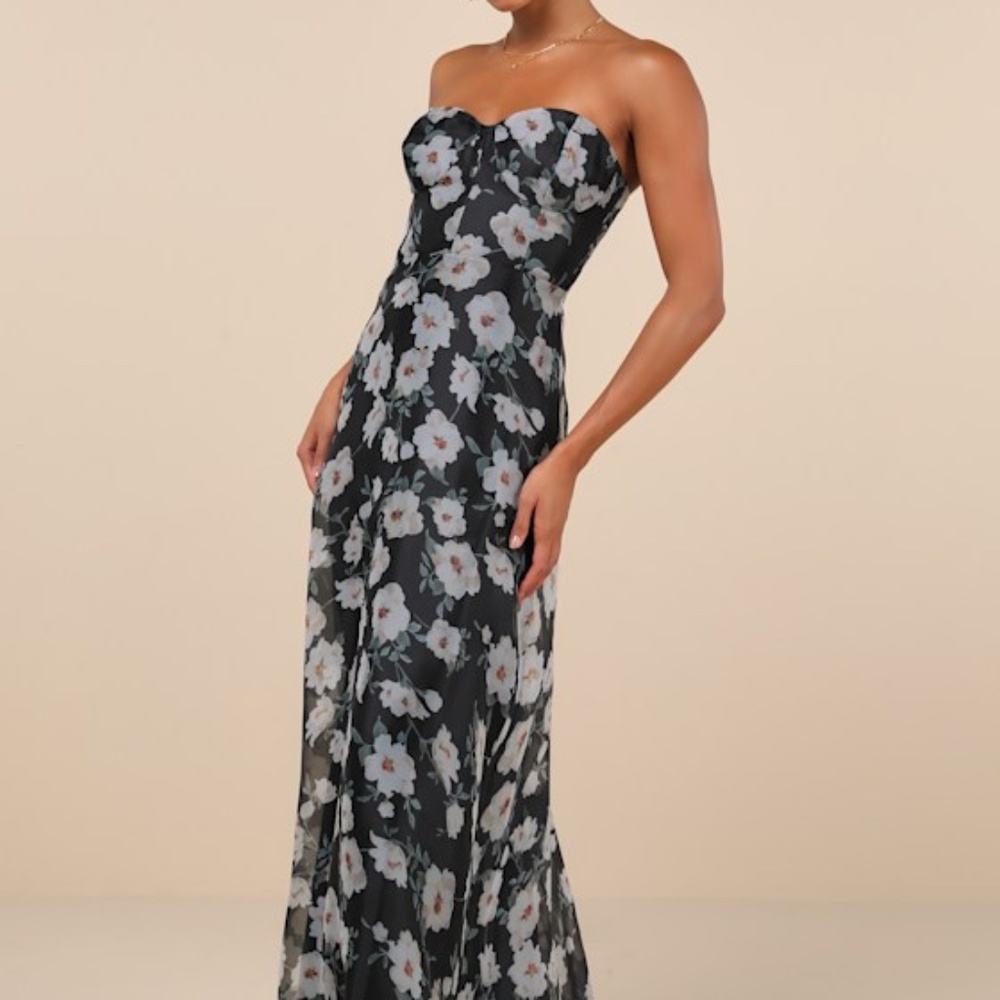 Lulus Chic Preciousness Black Floral Organza Bustier Maxi Dress - Size S, M